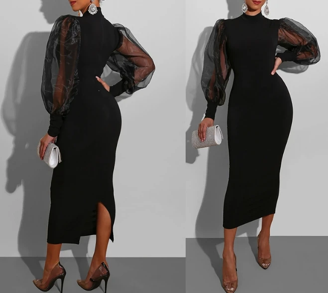 

Women's Dress Elegant Commuting Formal Party Evening Dress Solid Mock Neck Sheer Mesh Puff Long Sleeve Bodycon Hip Wrap Dress