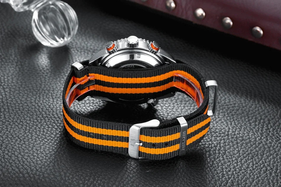 Men Automatic Self Wind Mechanical Orange Black Blue Red Gray Canvas Strap Multifunction Date Month Watch