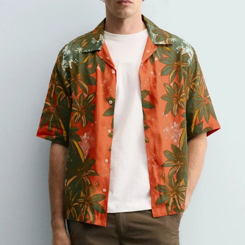 Summer 2026 Men's Loose Floral Print Short Sleeve Shirt Island Vacation Style Comfortable Breathable American Style Casual Shirt