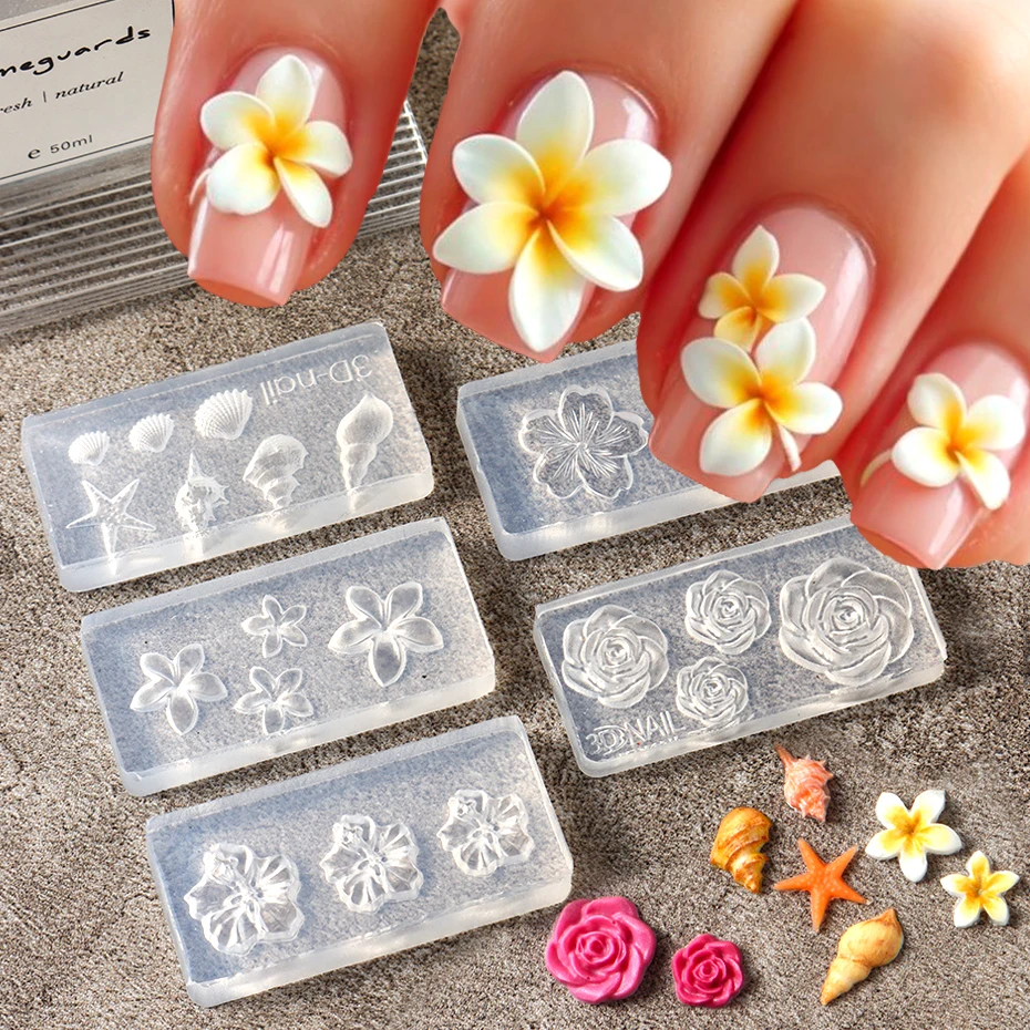 5D Flower Silicone Mold Nail Carving Mould Stencils Acrylic Plumeria Flower Spring Nail Art Decorations Manicure Template Tools