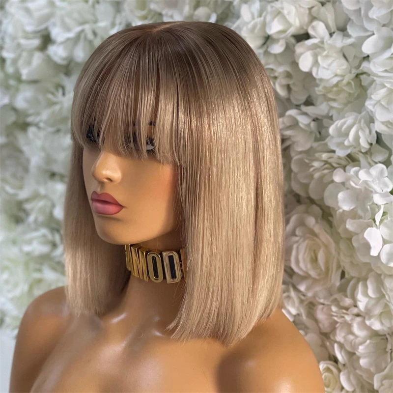 Glueless Ombre Ash Blonde Short Straight Bob With Bnags HD Transparent Lace Front Human Hair Wig Platinum Blonde Colored 12 Inch