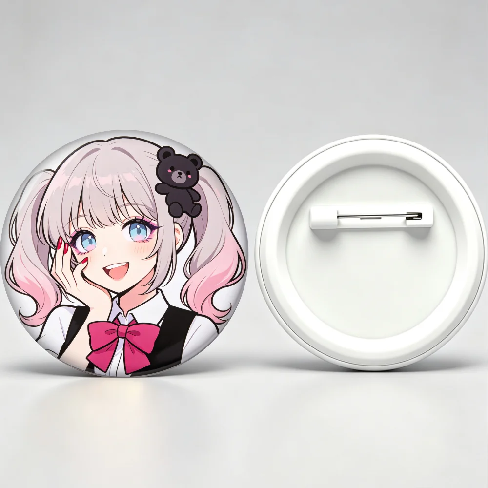 Anime Tinplate Badge Round Brooch Pin, Gradient Pink Twin Tail Girl with Black Bear Hair Clip Lapel Pin, White Background Decor
