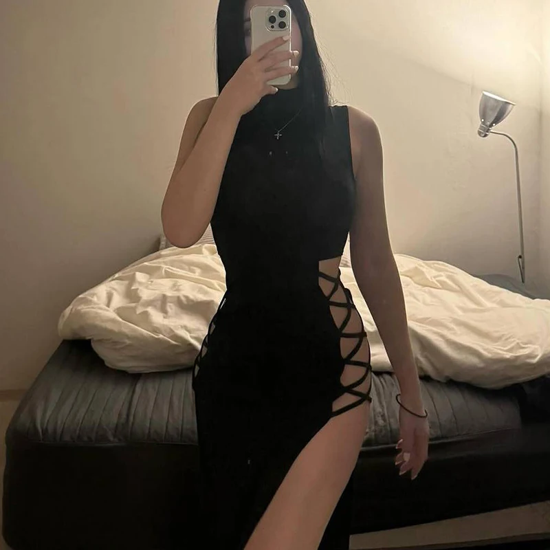 Abito da festa sexy da donna per adulti senza maniche con collo a lupetto e spacco alto, elegante fasciatura da donna, abiti da notte, abiti lunghi