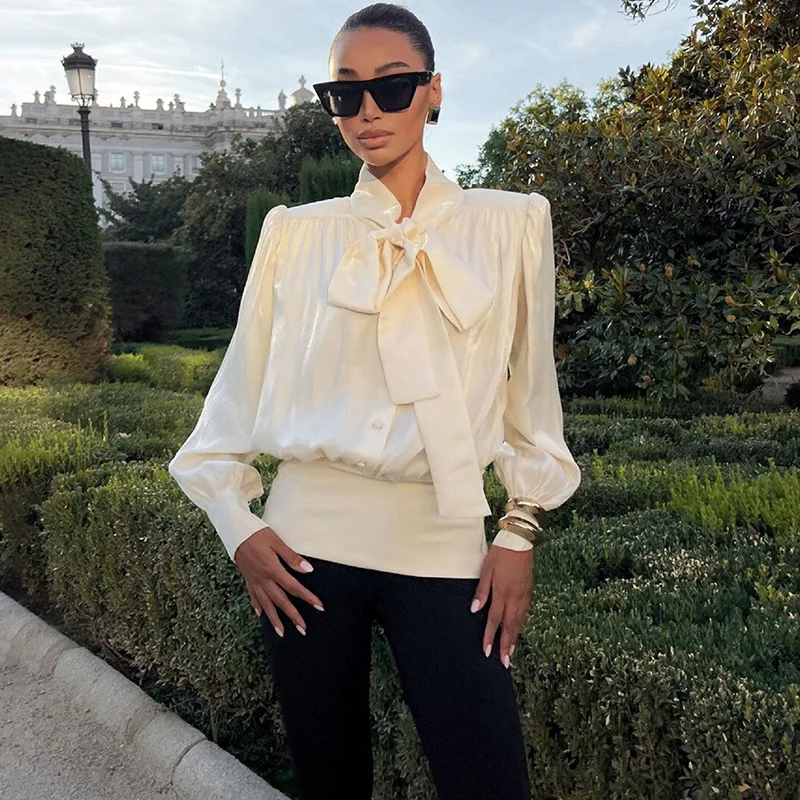 

Talenza Elegant Satin Lace Up Shirts Solid Spring Female Bow Button Patchwork Blouses Vintage Fashion Party Office Women's Shirt