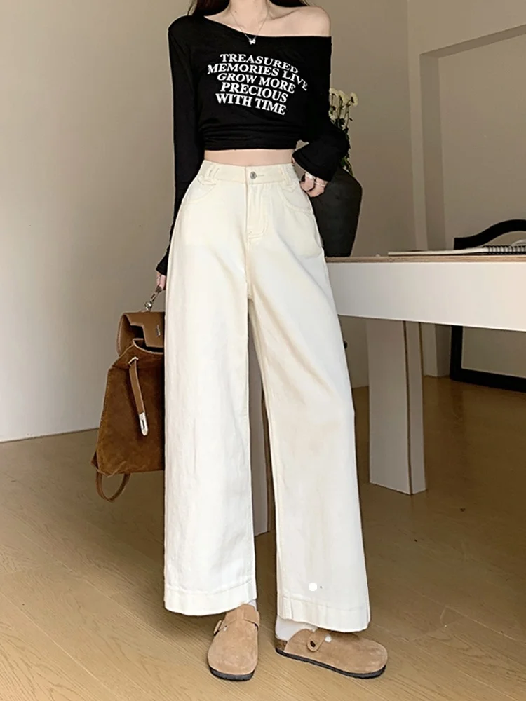 

High Waist Wide Leg Jeans Women's Loose Fit Waed Denim Pants Slimming Straight Long Trousers Spring Design Sensation Beige