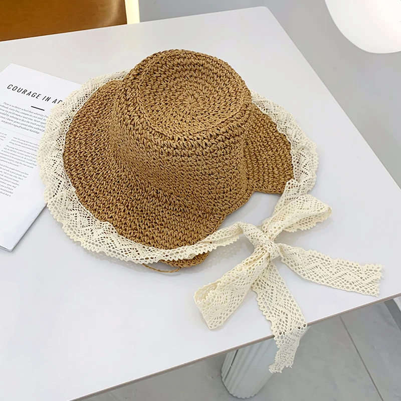 Summer Foldable Wide Brim Sun Hats Sweet Lace Straw Hats for Women Outdoor Seaside Beach UV Protection Sunscreen Bucket Caps