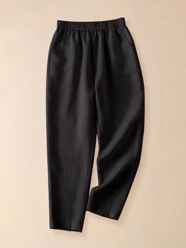 면 린넨 하라주쿠 바지 여성 여름 루즈핏 바지 7부 길이 허리 심플 출퇴근 슬레 폴디드