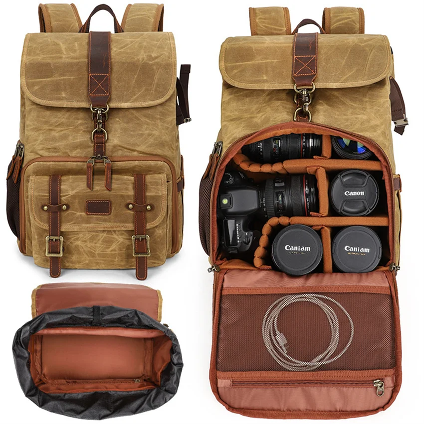 Large Capacity Vintage Camera Backpack Waxed Canvas Waterproof Photography Camera Bag Canvas Notebook Organizer Bag