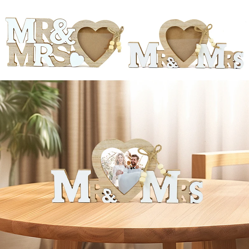 

1piece Wedding Wooden Ornament Mr&Mrs Heart shaped Photo Frame Valentine's Day Mother's Day Anniversary Gift Home Decoration