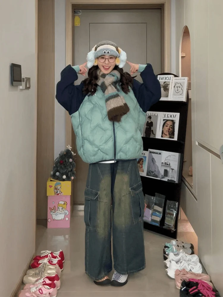 

Women's Outdoor Tee-Proof Lightweight Cotton Jaet Autumn Winter Warm Air Fce Stand Collar American Splicing Cotton Coat