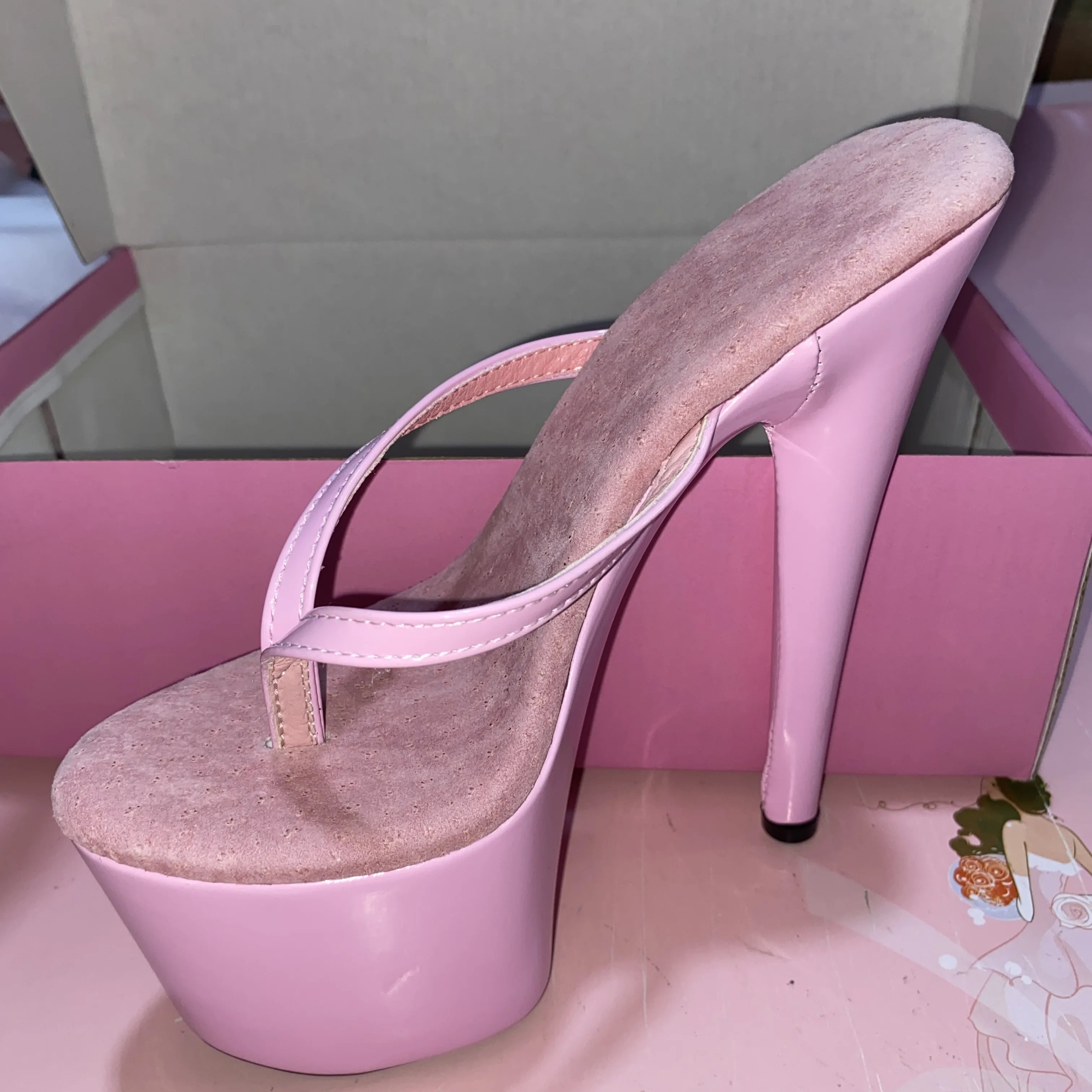 

Girly pink summer fashion sexy 17cm heels flip-flops, 7 "handmade runway show, round heels dance shoes