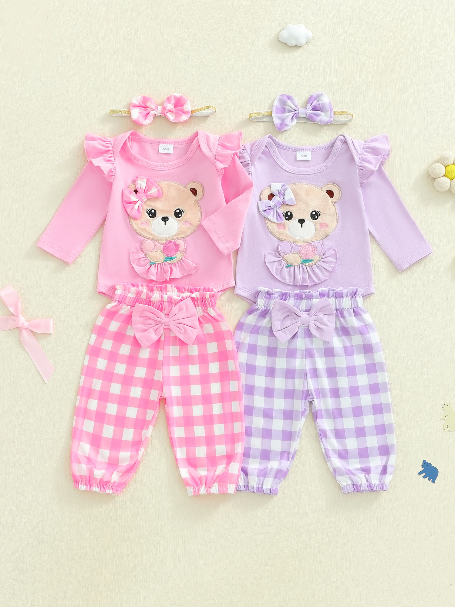 Infant Girls 3-Piece Outfit with Long Sleeve O Neck Romper Pants and Headband Featuring Letter Embroidery