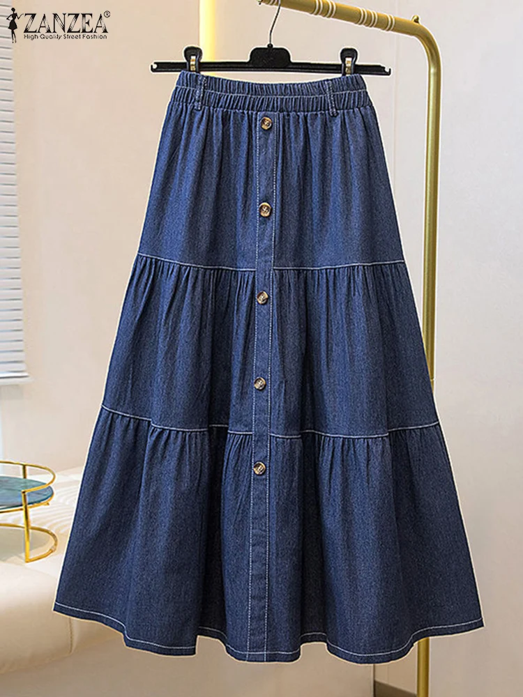 Fashion Women Denim Blue Skirt Jupes ZANZEA Stylish Solid Pleated Sundress 2024 Autumn Elegant Casual Party Work Midi Skirts