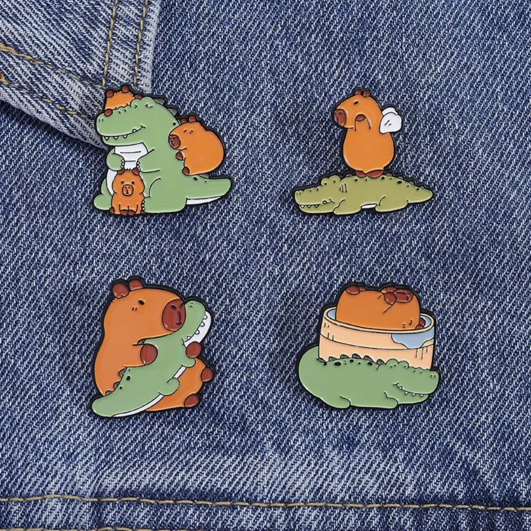 Cartoon Capybara And Crocodile Best Friend Metal Badge Cute Animal Funny Brooches Backpack Enamel Pins Jewelry Gift Wholesale