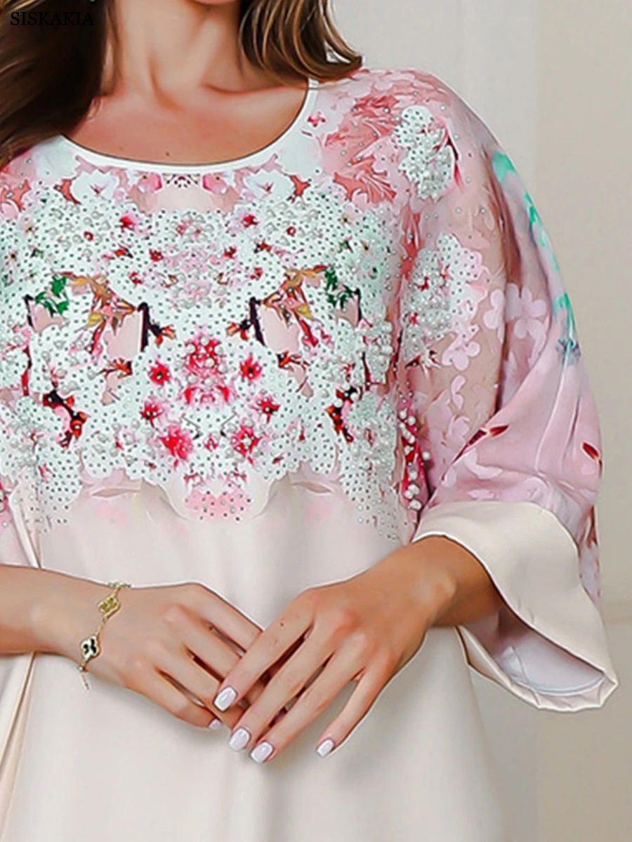 Sisakia dubaï dubaï imprimé fleuri Abaya avec strass robe musulmane col rond manches plis caftans