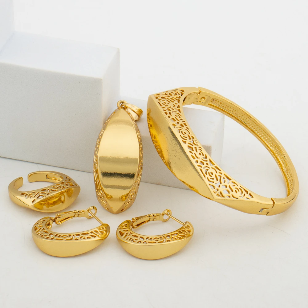 

Dubai Gold Color Earrings Bangle Ring Jewelry Set for Party Elegant Weddings Hoop Earrings Cuff Bangle Finger Ring Set Nigerian