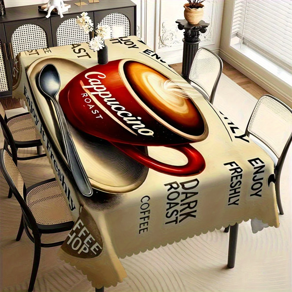 One rectangular tablecloth with a coffee theme, featuring an art pattern of cappuccino and latte, made of polyester fabric.