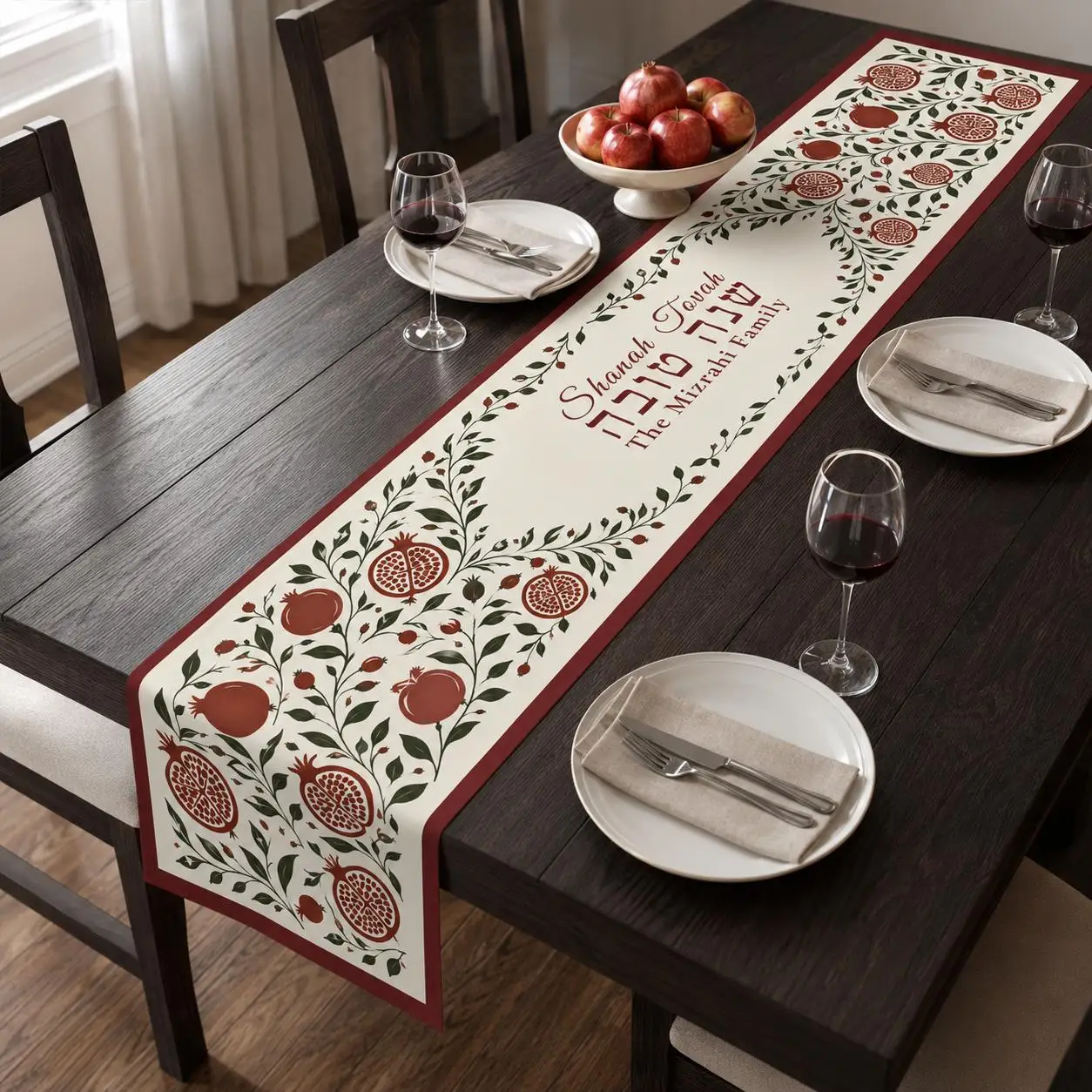 Rosh Hashanah Linen Table Runner Jewish Holiday Decor Shana Tova Pomegranate Honey Shofar Horn Kitchen Dining Table Runner Decor