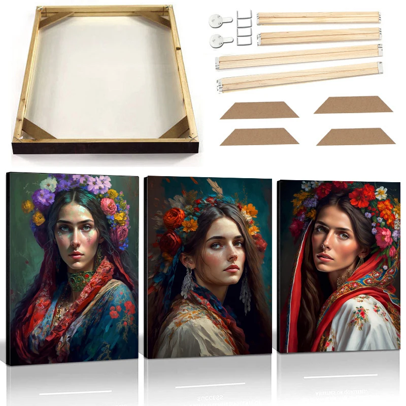 Wreath Flowers Turban Woman Abstract Canvas Painting with Frame Figure Portrait Oil Painting Poster Prints Picture Living Room