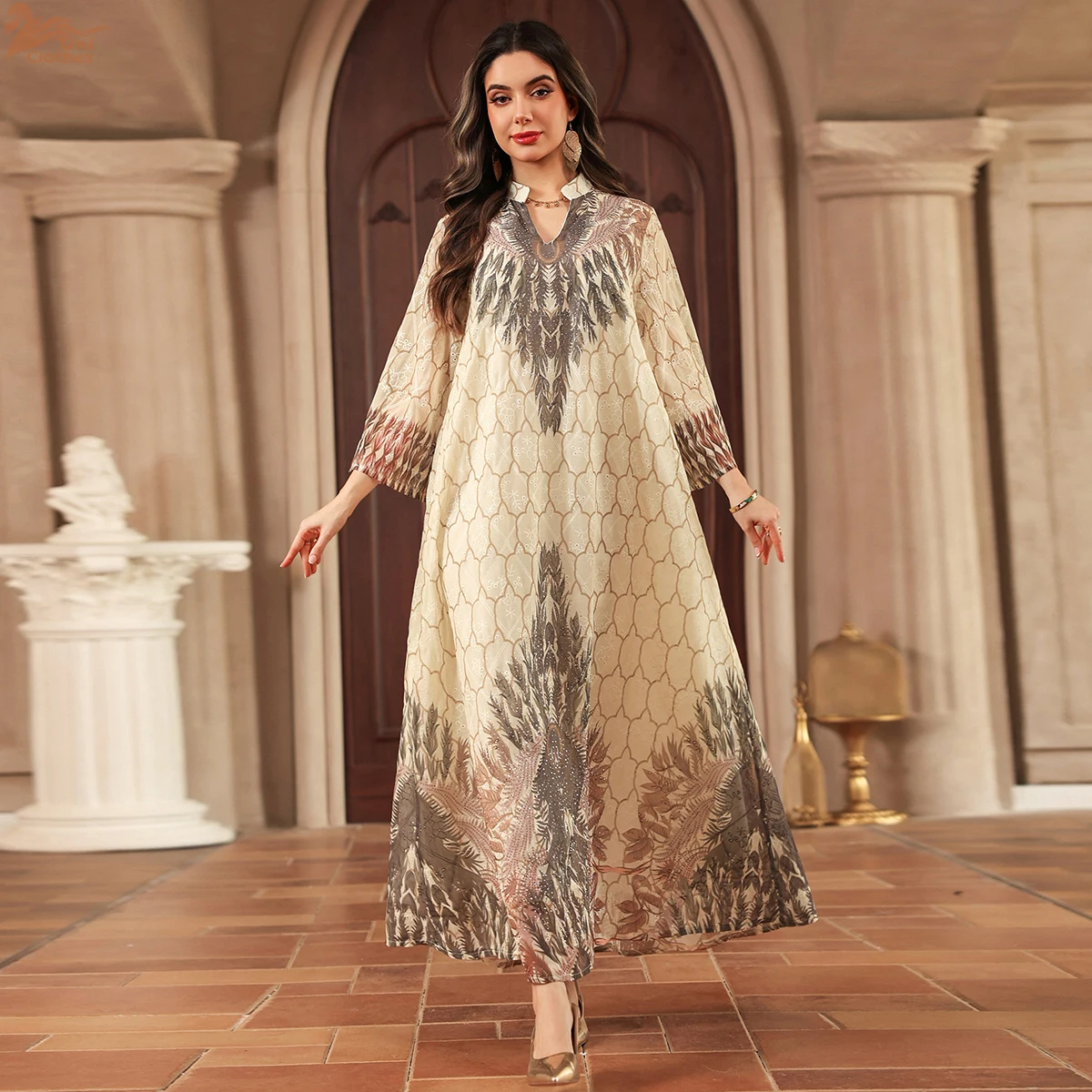 

Uni Dubai Luxury Floral Print Woman Evening Dress V-Neck Abaya Moroccan Beaded Women Clothes