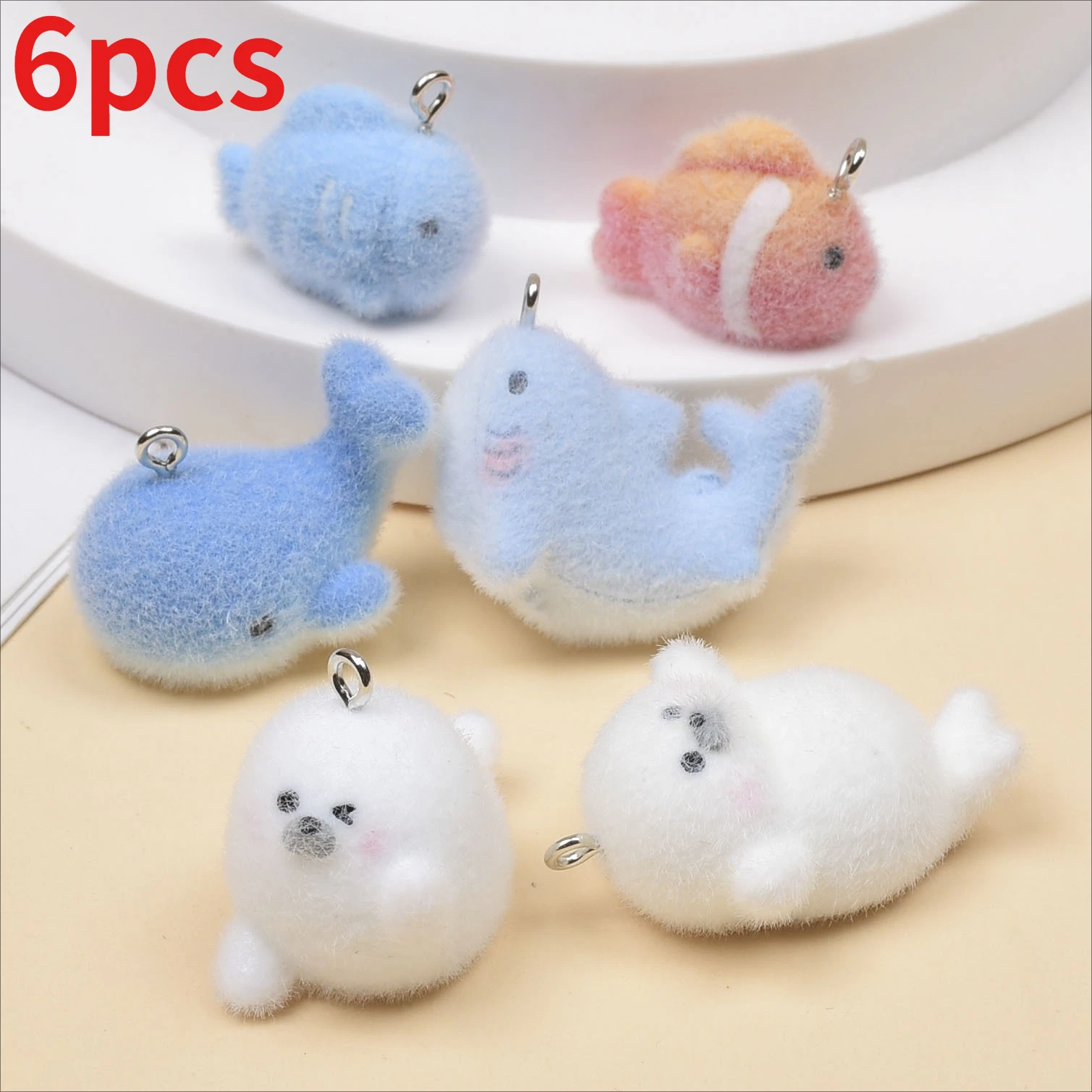 

6pcs/Pack 3D Flocked Animal Resin Charms Cute Fluffy Animal Necklace Keychains Pendant DIY Flocking Jewelry Make Accessory