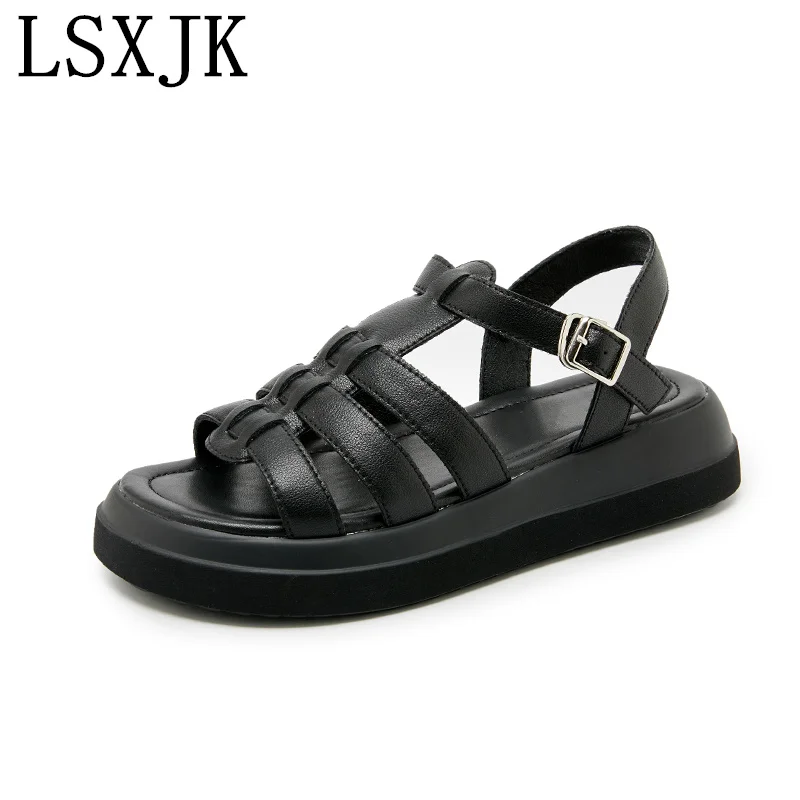 

LSXJK One Word Buckle Thick Bottom Cage Shoes Women 2022 Summer New Leather Women's Sandals All-Match Casual Woven Beach Shoes