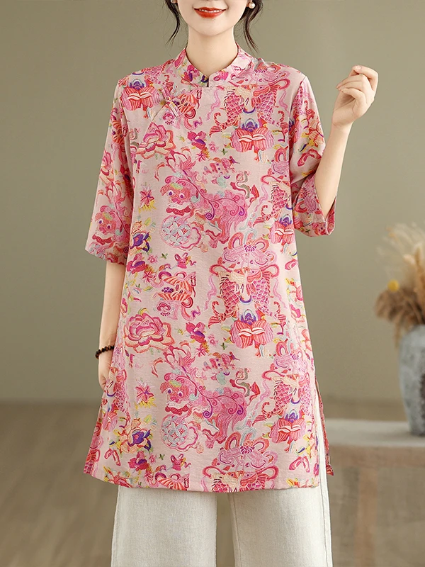 

Loose Silk irt New Chinese Sle National Trend Seven-Quarter Sve Stand Collar Button Loose irt Women's Faion