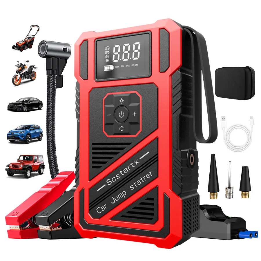 Démarreur de batterie portable 4-en-1 150 PSI, compresseur d'air intelligent, pompe à air numérique, gonfleur de pneus d'urgence pour voiture