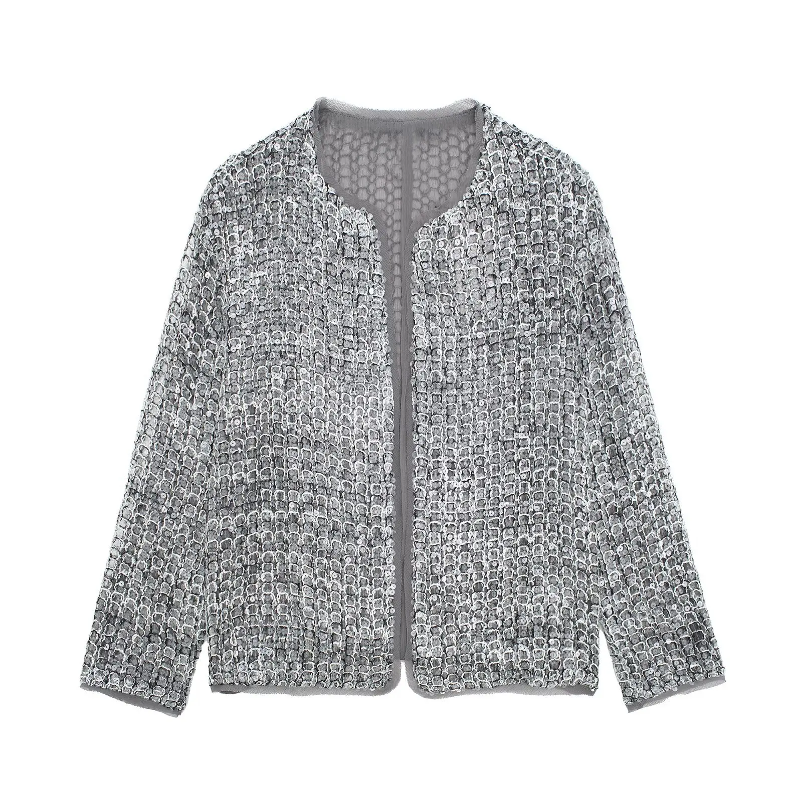 Silver Sequins Crochet Jacket Women Spring Autumn Cardigan Short Jackets Loose Round Neck Coat Long Sleeve Streetwear 2024 New