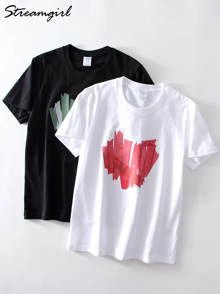 Summer Short Sleeve T Shirt Women Cotton Slim White Tops With Hearts Couple T Shirts Ladies Black Tshirts Women Top Tees 2025