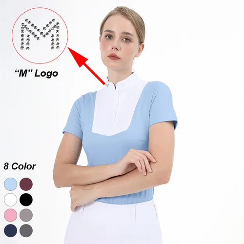 Camisetas ecuestres con logotipo M, Tops de manga corta, ropa para montar a caballo, blusa de entrenamiento con botones para mujer, Top para espectáculo de competición