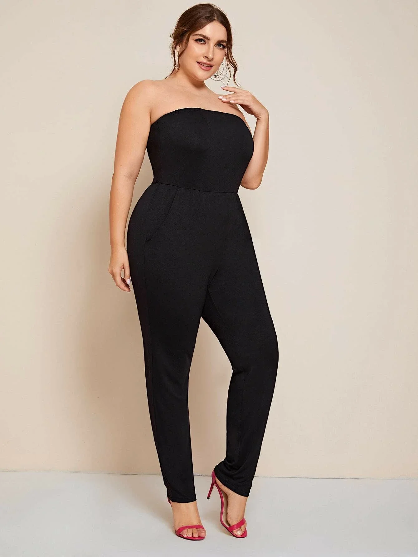 Jumpsuit Tube elegan wanita, jumpsuit tanpa lengan bahu terbuka saku hitam polos pinggang elastis musim panas 6xl 7xl