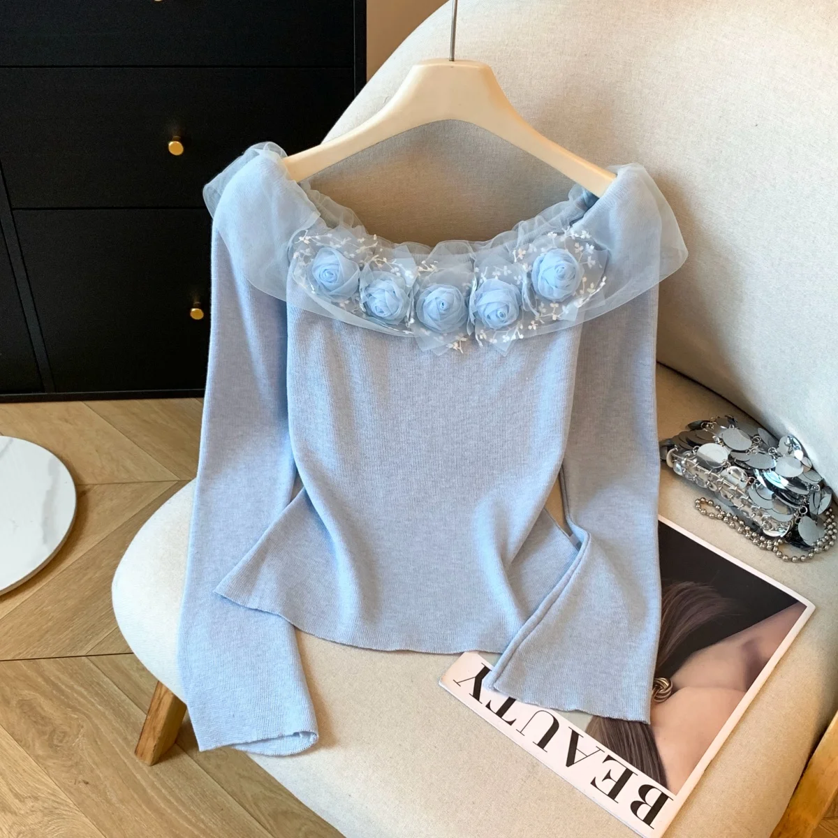 

Осень-зима, женские пуловеры с цветочным вырезом, тонкий вязаный свитер с длинными рукавами, трикотажные топы с открытыми плечами