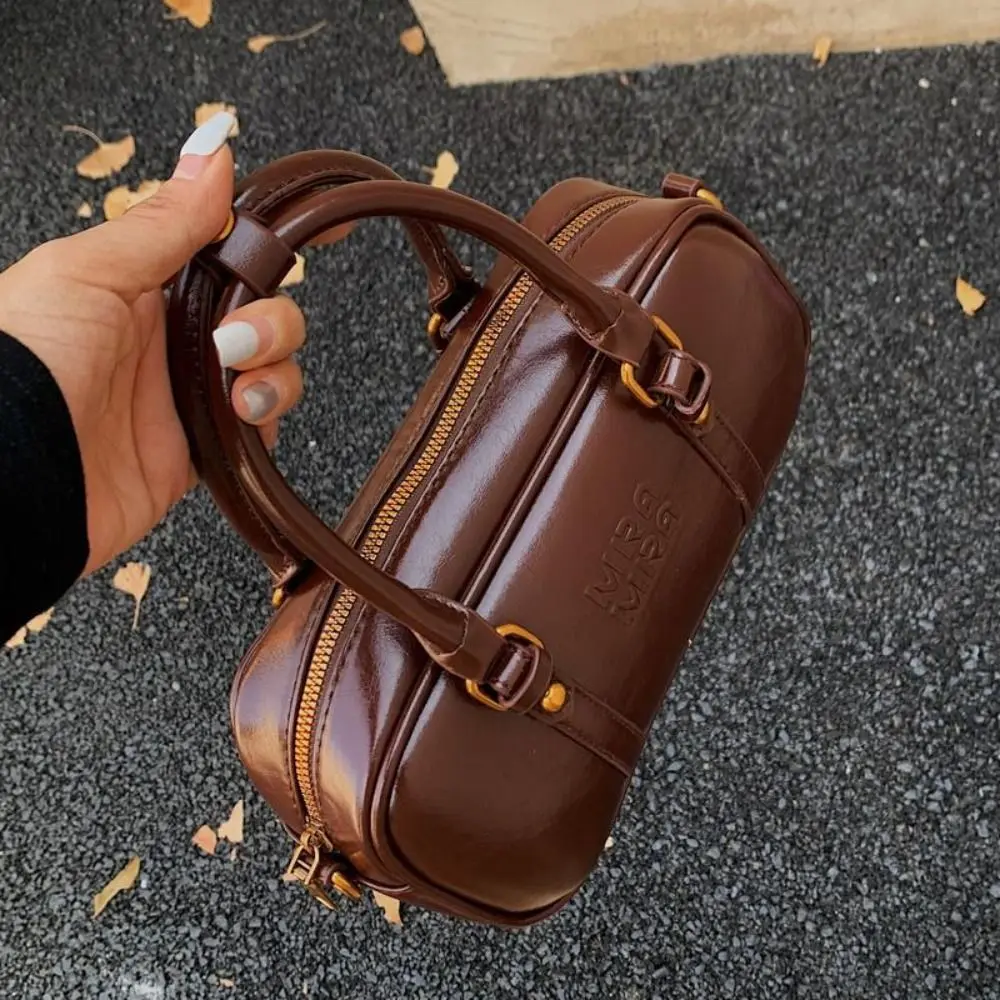 

Ins PU Leather Bowling Bag Solid Color Korean Style Square Shoulder Bag Handbag Large Capacity Sling Bag Travel