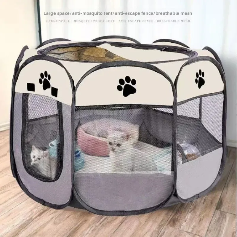 Octagonal Foldable Pet Playpen Tent Breathable Cat Maternity House Four‑Season Fence Cage Nest for Puppy Kitten Indoor Supplies