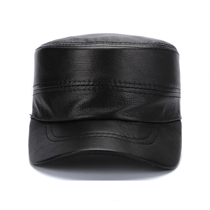 Genuine Leather Men Women Military Cap Autumn Winter Sailor Hat High Quality Real Cowhide Solid Black Army Hats