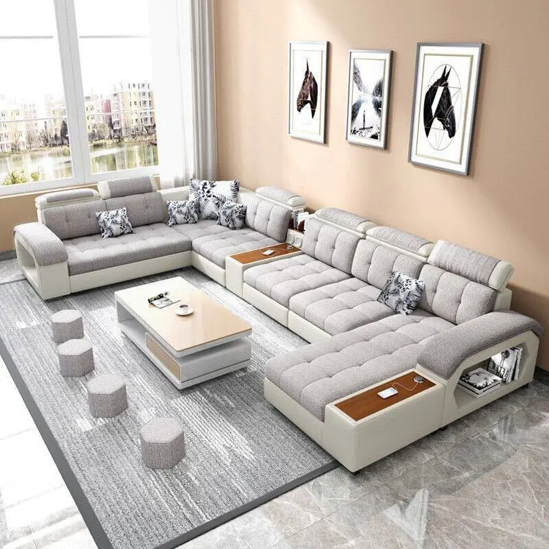 Conjunto de Móveis para Sala de Estar pf-Sofa, Luxuoso e Moderno, em Tecido Chesterfield e Couro, Móveis para Sala de Estar Seccionais