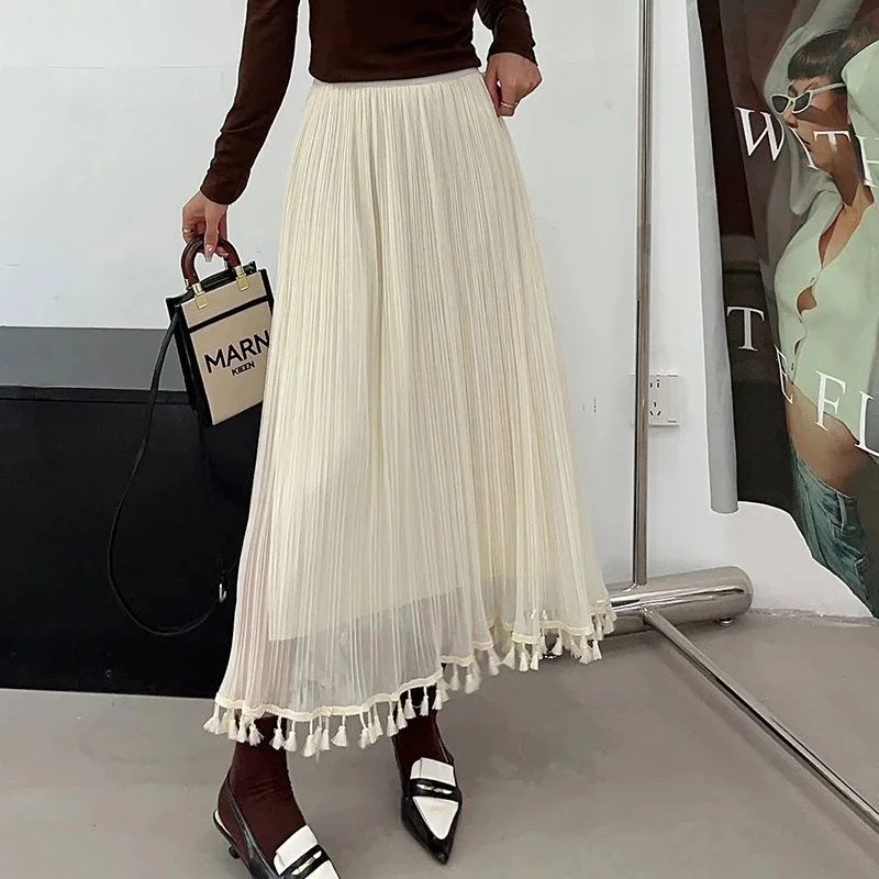 Vintage Elastic Waist Long Pleated Y2k Skirts Women Spring Summer A Line Faldas Largas Korean Tassels Harajuku Midi Tulle Skirt