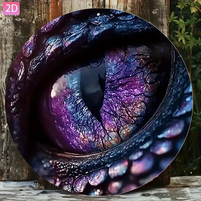 2D Flat High-Definition Metal Wall Art Fantasy Evil Dragon Eye Close-Up Purple Blue Scales Sharp Gaze Circular Metal Sign Features