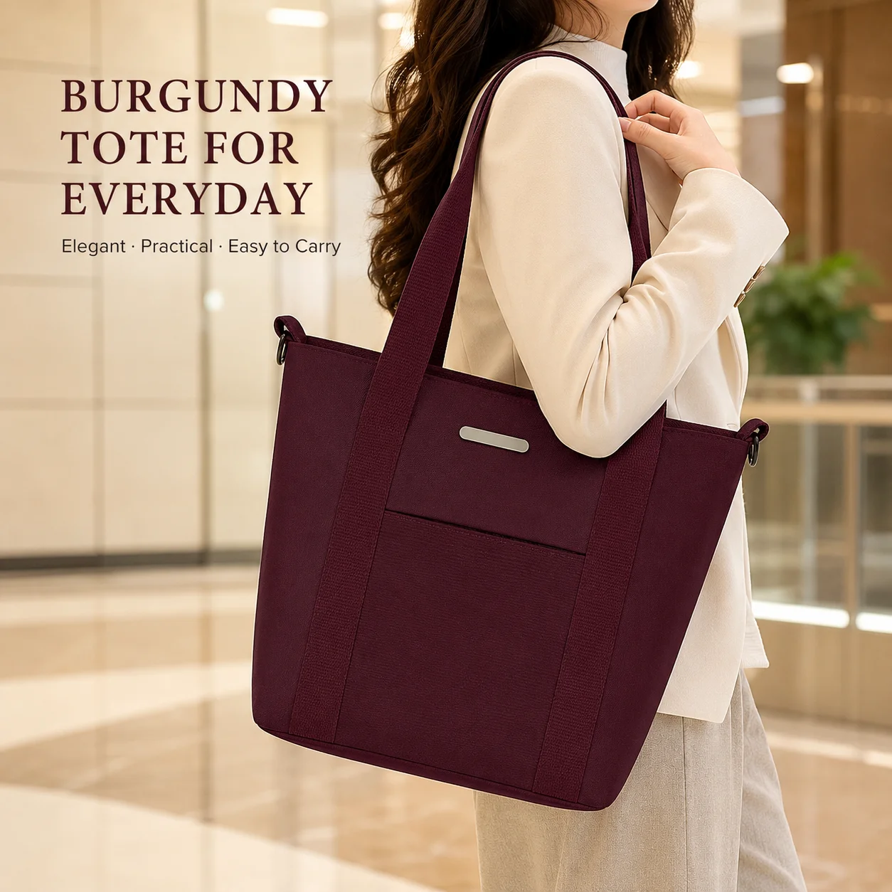 Women's Burgundy Work Tote Bag with Zipper Front Pocket Shoulder Handbag for Office Commute Shopping Daily Use