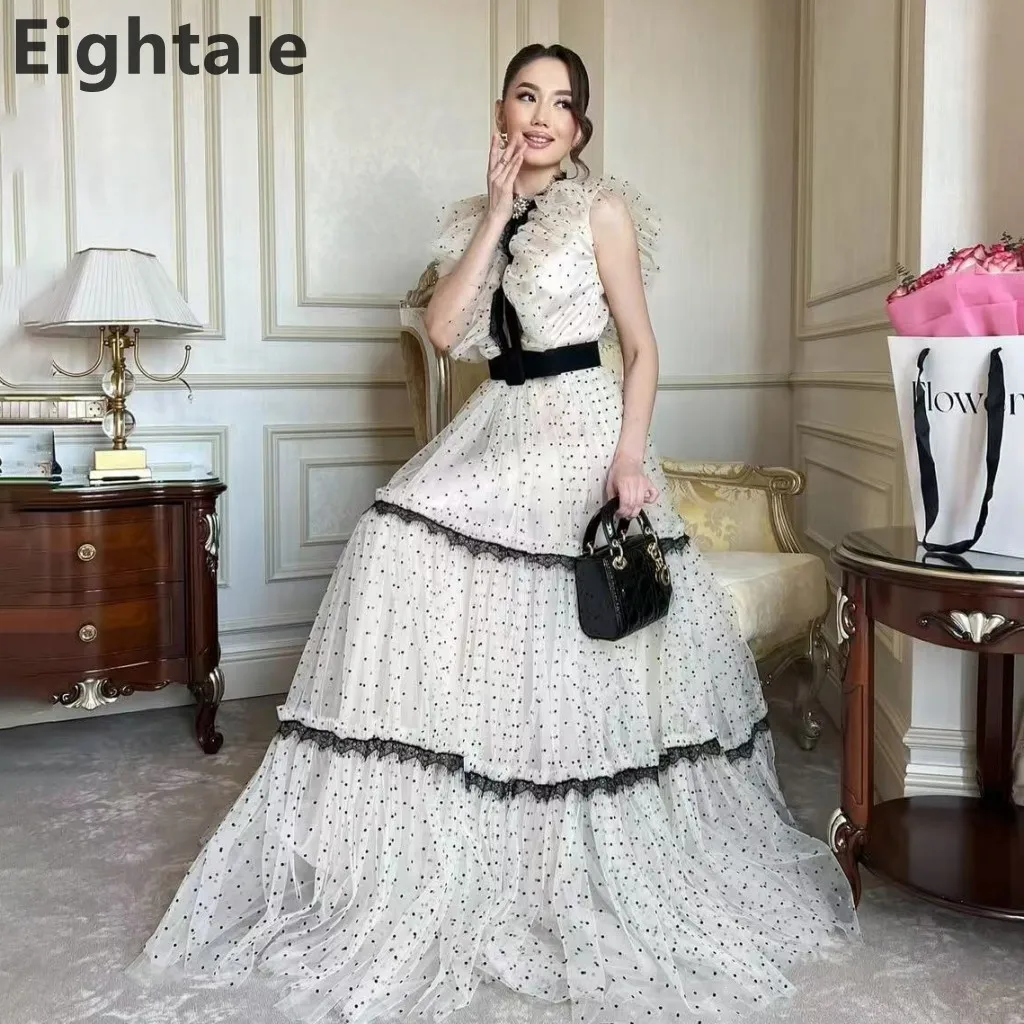 Eightale A-Linie Abendkleid aus elfenbeinfarbenem, gepunktetem Tüll, Flügelärmel, bodenlang, Ballkleider, abgestufte Partykleider, individuell gestaltet
