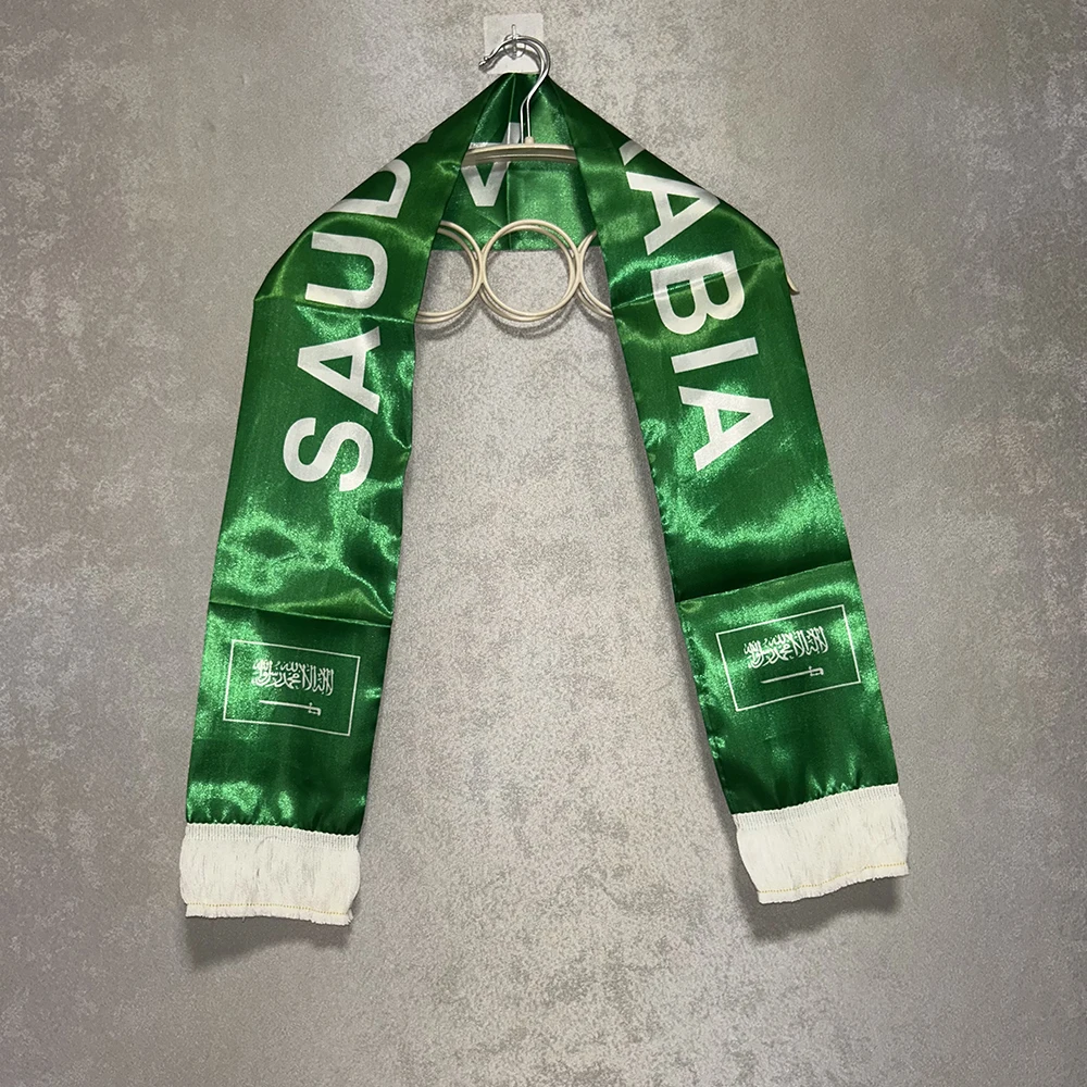 (SKY FLAG)Saudi Arabia Scarf 14x135cm Double Printed Satin Saudi Arabia Flag Scarf Tassels for 2026 Football Cup, Sports, Events