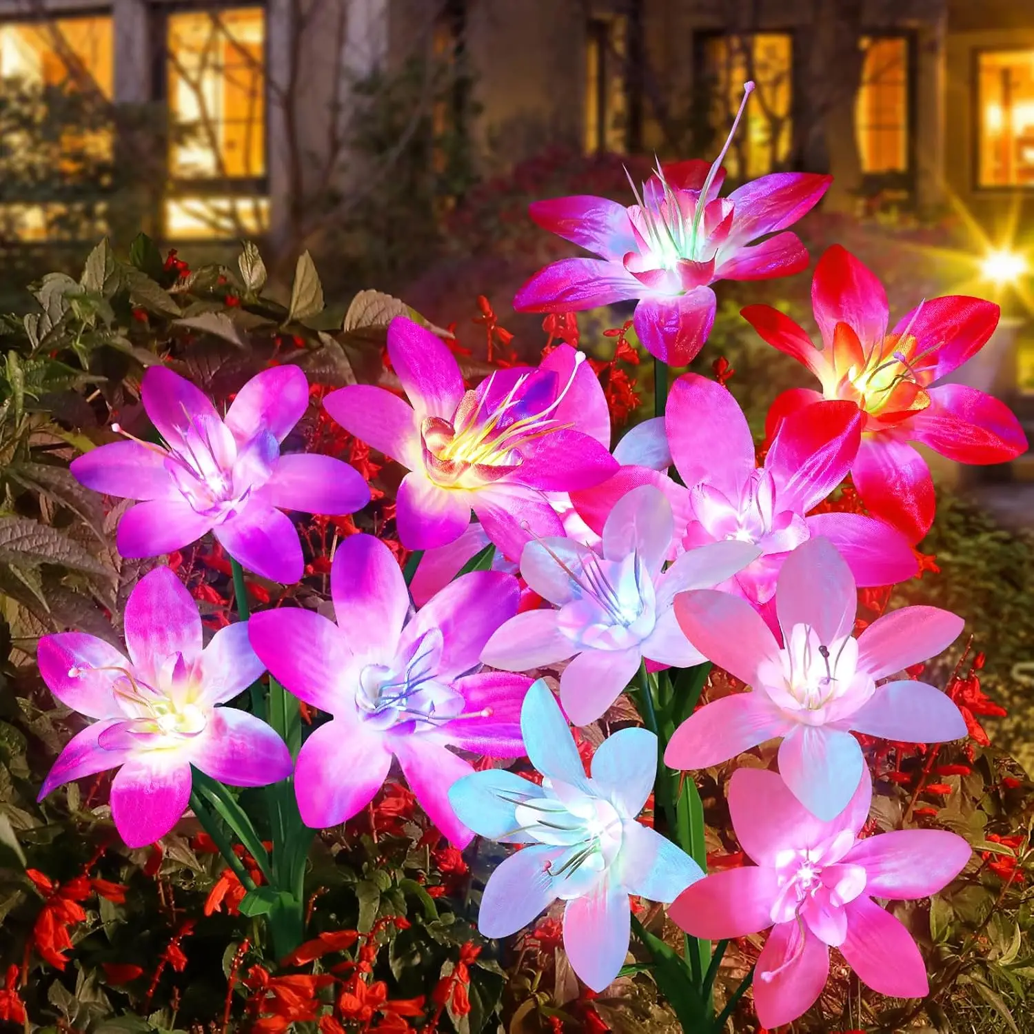 Outdoor Solar Garden Lights Rainbow Gradient 4 Heads Large Lily Lawn Lights LED Waterproof Courtyard Terrace Decorative Lights