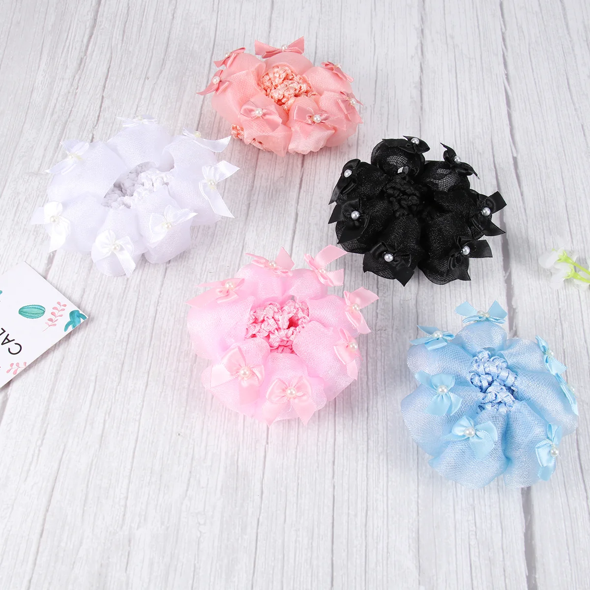 5pcs Ruffles Hair Nets Heardresses Elastic Hair Snood for Ballet Dance Performance (Black, Light Pink, Sky-blue, )