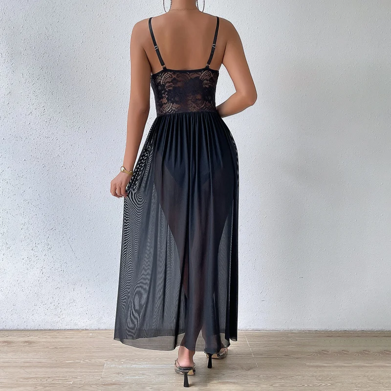 Weimina Hot-Selling Dress Fishbone See-through High Slit Pleated Party Sling Dress60553