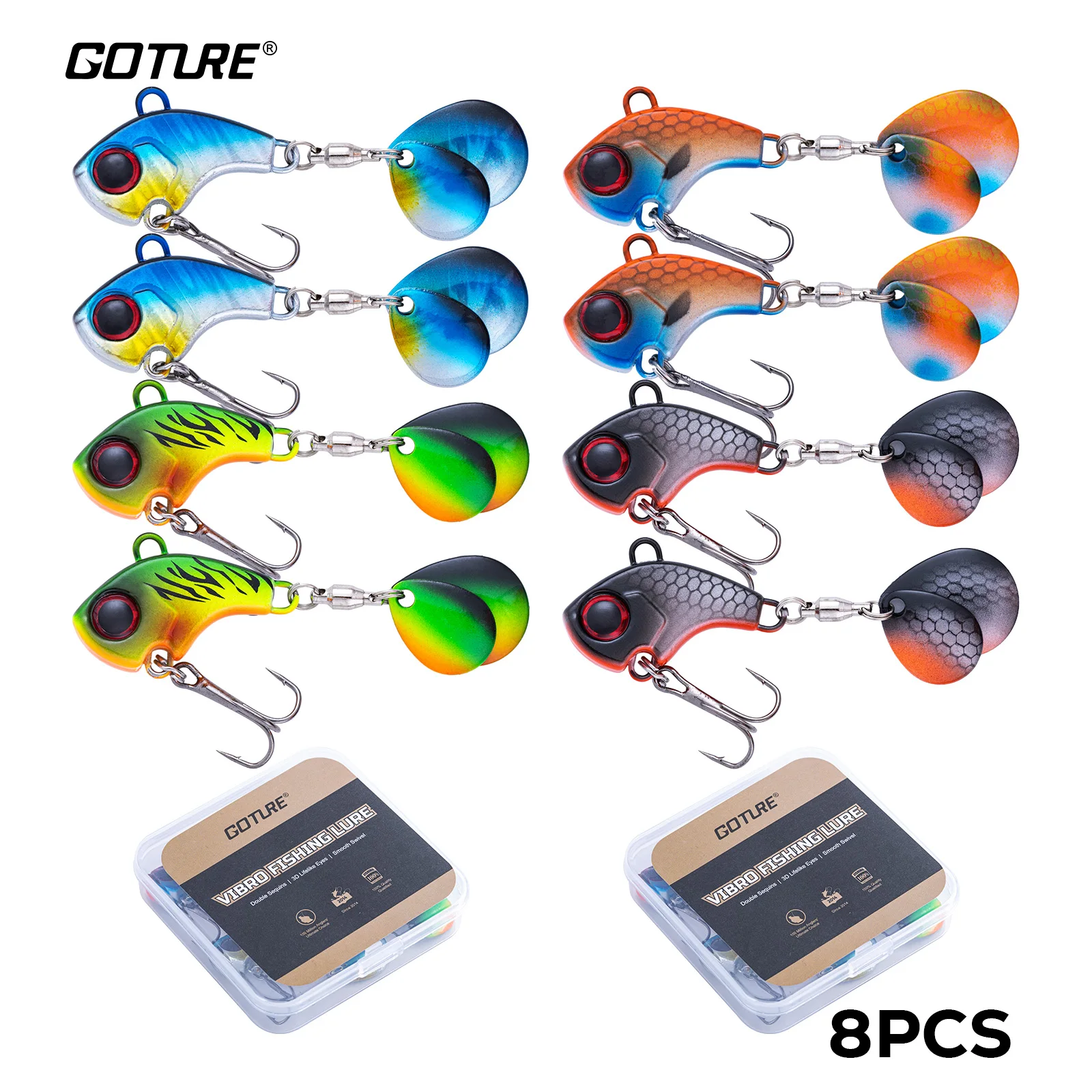 

Goutre 8Pcs Metal VIB Wobbler Fishing Lure with Spinner Tail Sinking Rotating Spoon Pin Crankbait Sequins Bait Fishing Tackle