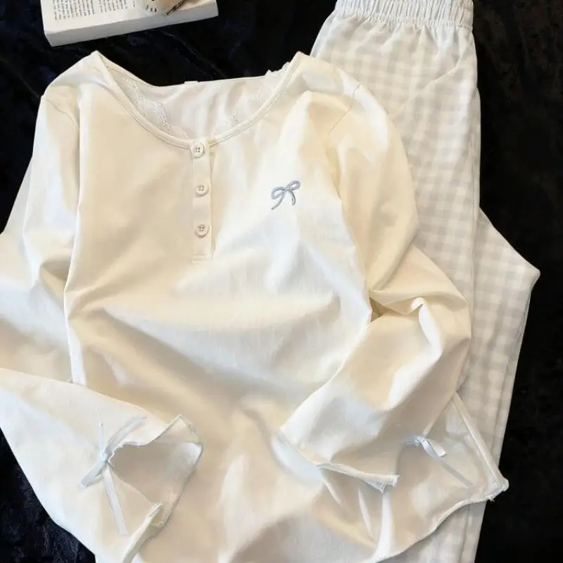 

Women's Pajamas Spring Autumn Embroidered Bow Plaid Print Comfortable Long-Sleeved Trousers Japanese Home Wear Can Go Out Suit