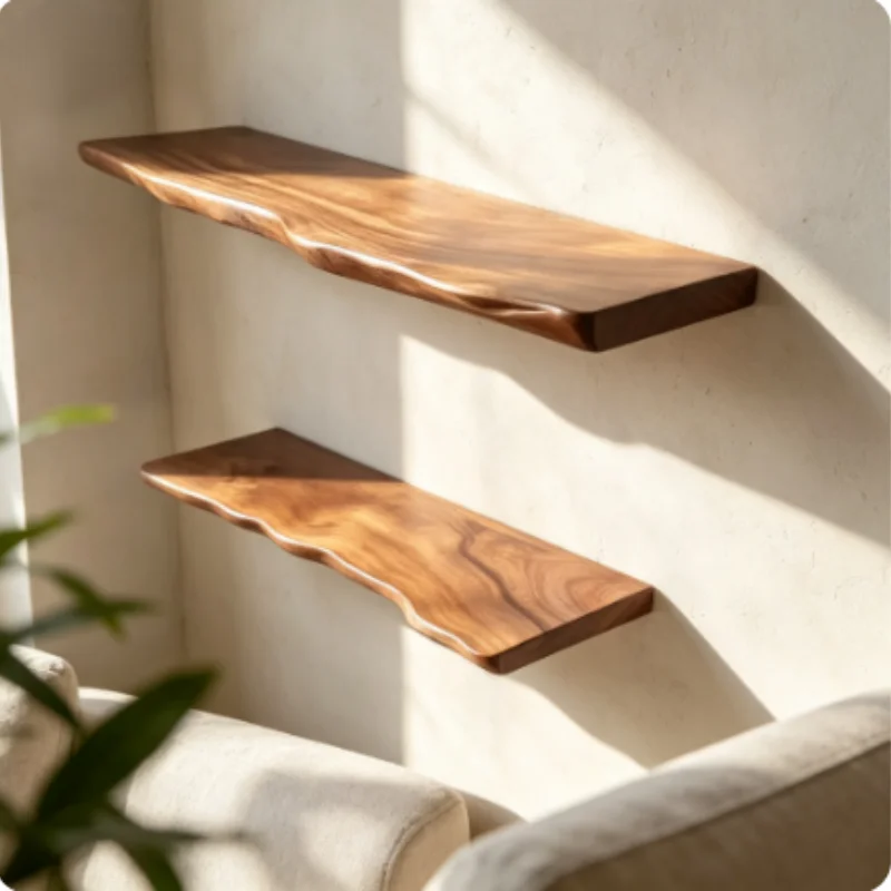 No Drill Natural Wood Floating Shelf Wall Mount Storage Organizer Display Rack Wall Decor for Living Room Study