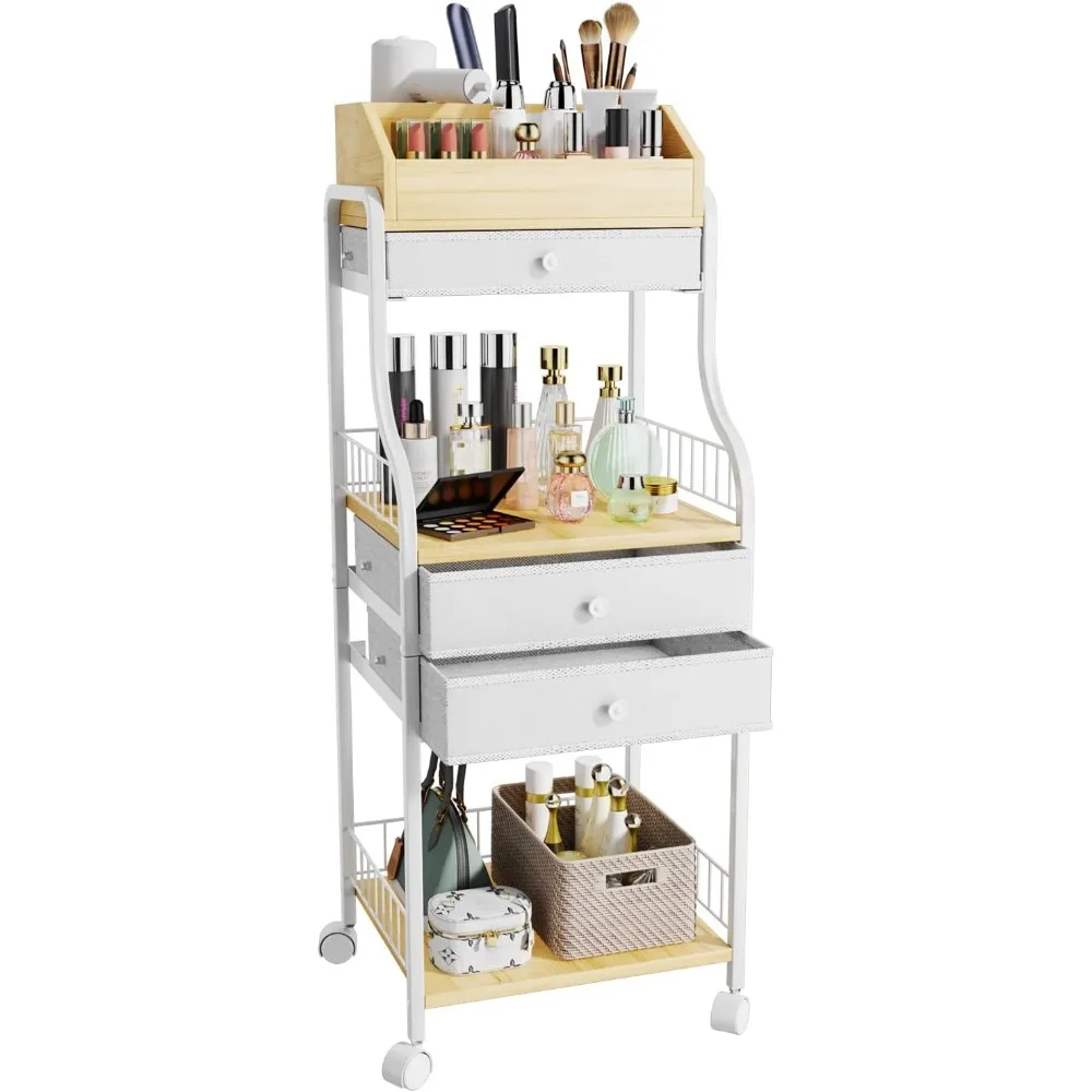 Floor Makeup Organizer with Drawers and Wheels - Skincare Vanity Storage for Cosmetics, Brushes, Perfume