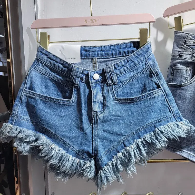 Summer Fringed Denim Shorts Women's High-waisted High-waisted Thin Wide-leg Pants Shorts Female Hot Pants